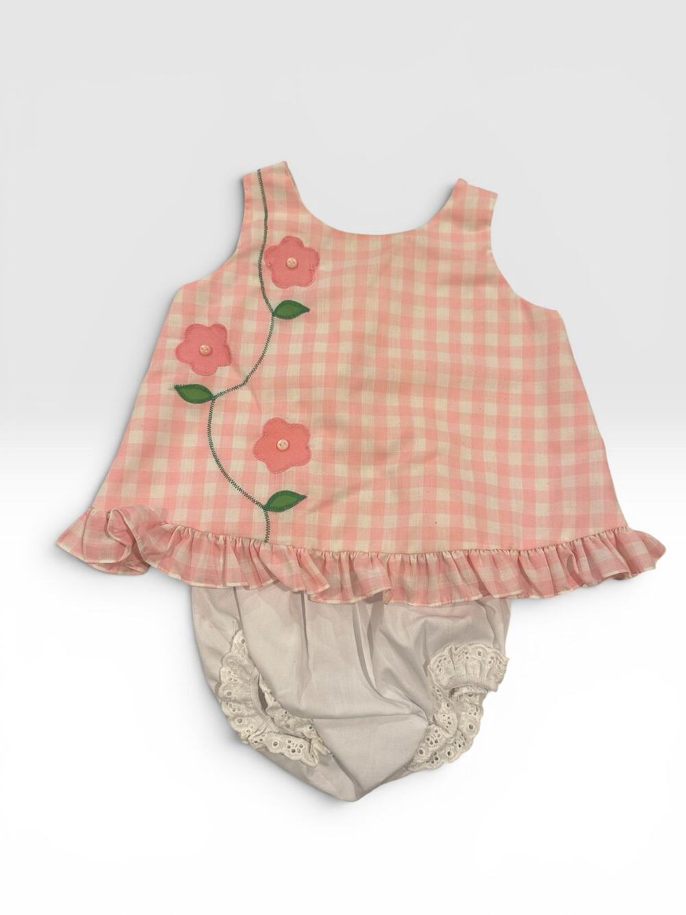 Vintage Pink Gingham Floral Tunic Top + Eyelet Bloomers Set Toddler Girls 12-18